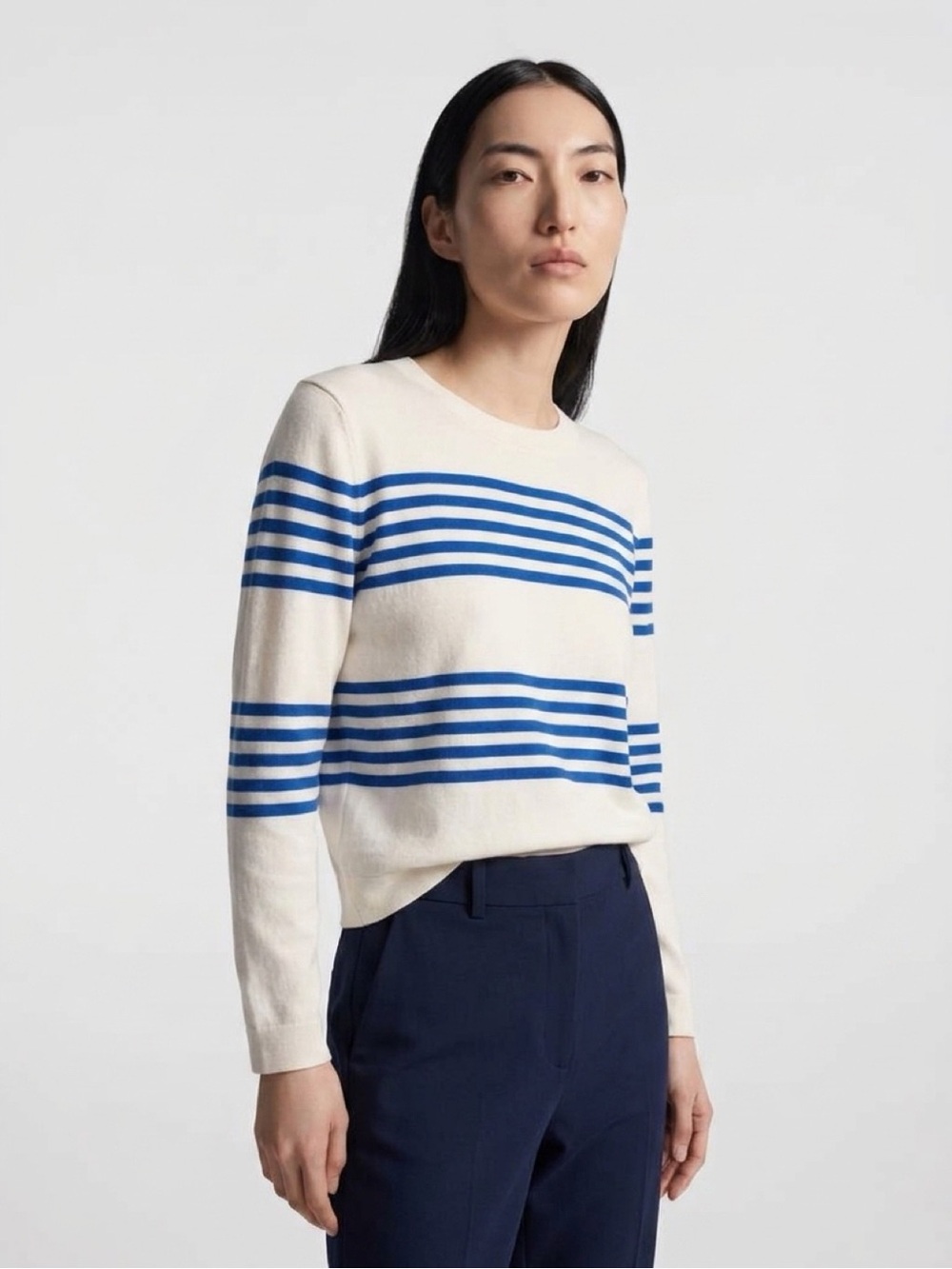 J. Crew Cream Long Sleeve Sweater with Blue Stripes